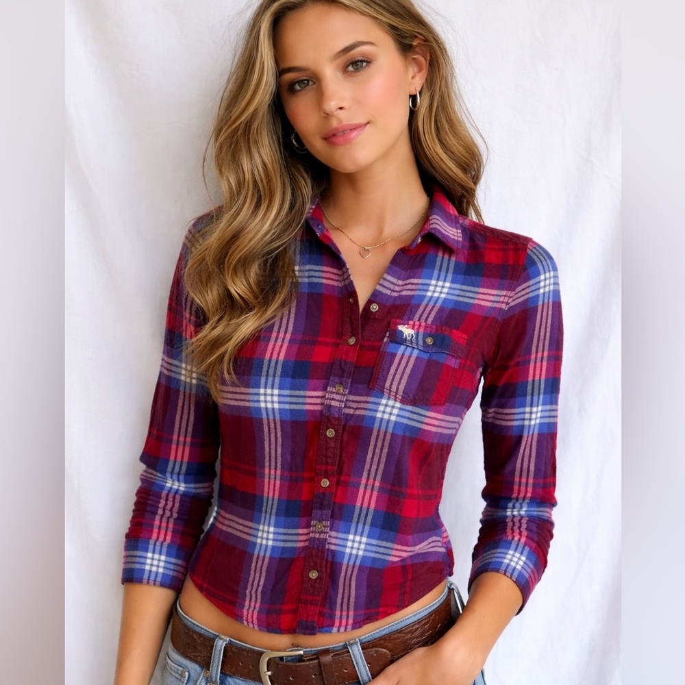 VINTAGE Y2K  Abercrombie & Fitch Red and Blue Plaid Shirt size xs Americana